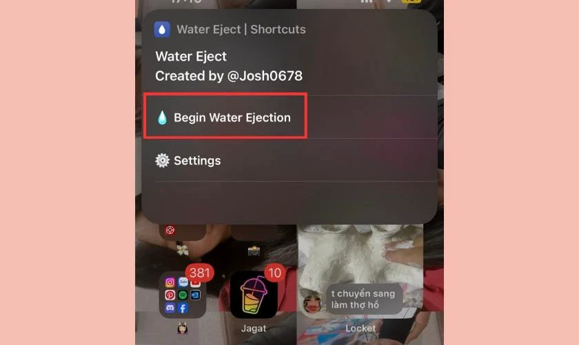Nhấn v&agrave;o Begin Water Ejection để bắt đầu loại bỏ nước